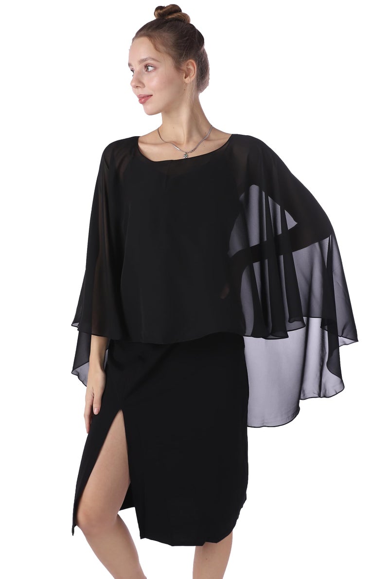 Baoqiya Chiffon Capes Sheer Capelets Bridal Shawls And Wraps Cape Long Plus Size Poncho Cape For Women (Black) - Image 4