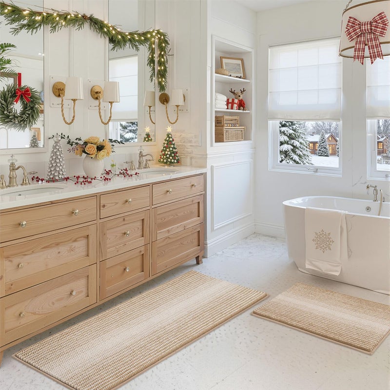 BSICPRO Bathroom Rugs and Mats Sets 2 Piece Thick Absorbent Chenille Bath Mat Rug Set Non Slip Soft Shaggy Bath Room Floor Mats for Bathroom Machine Washable Beige 20 x 47 Plus 20 x 32