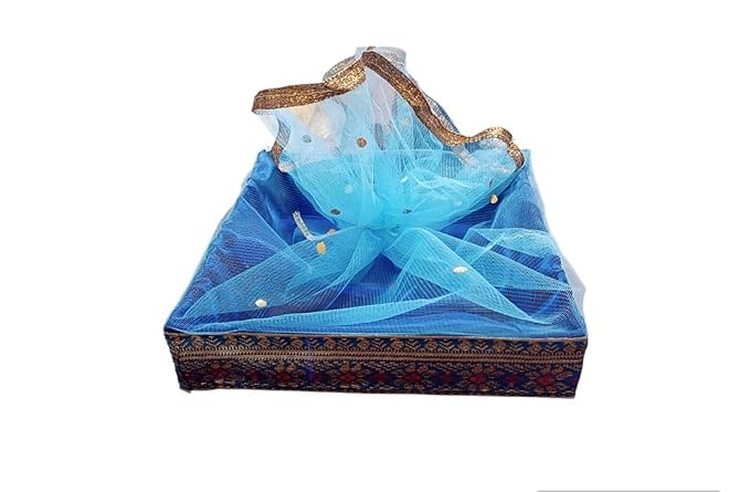 SANWALSA (Set of 3, 8",10",12" inch, Square MDF Base Designer Gift Hamper Packaging Baskets with Net Cover, Gift Hamper Organiser perfect for any occasion (Blue) - Image 1