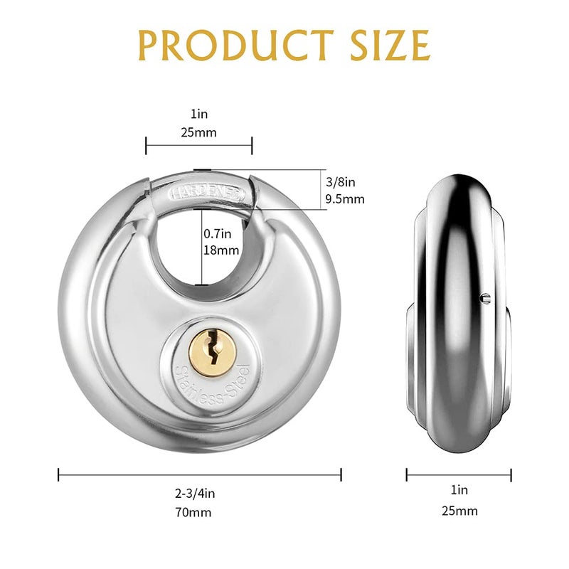 CINCINNO Keyed Alike Padlock with Key, 304 Stainless Steel Storage Unit Lock,2-3/4 in.Wide,3/8 in. Diameter Shackle, Disc Locks for Sheds, Garages and Fenceï¼Œ2Pack - Image 2