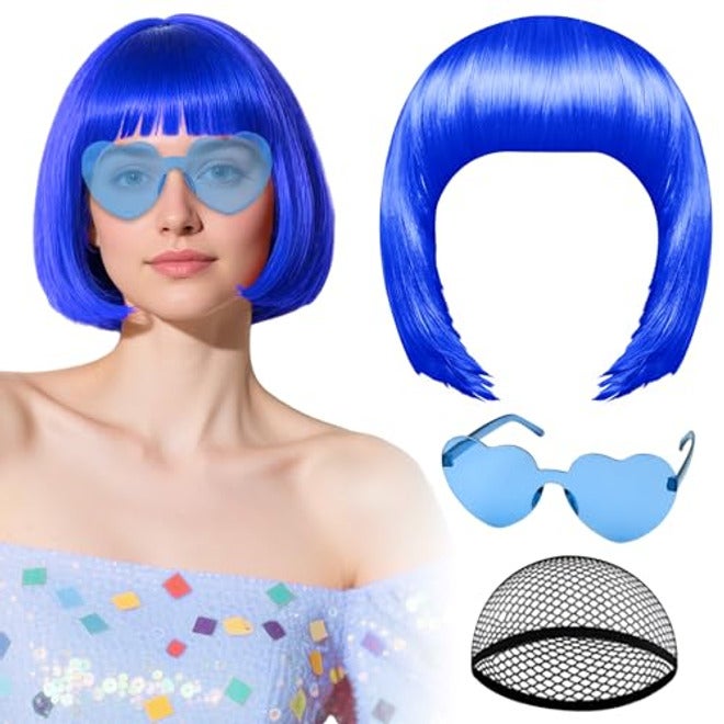 PLULON Hot Pink-Color Bob Wig with Heart Sunglasses Neon Colored Party Wig - Image 2