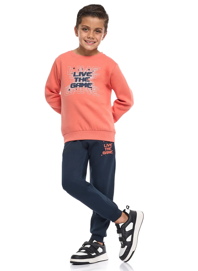victor and jane Boys’ Warm Fleece Sweatshirt &amp; Jogger Set – “Live The Game” Design - Coral &amp; Navy
