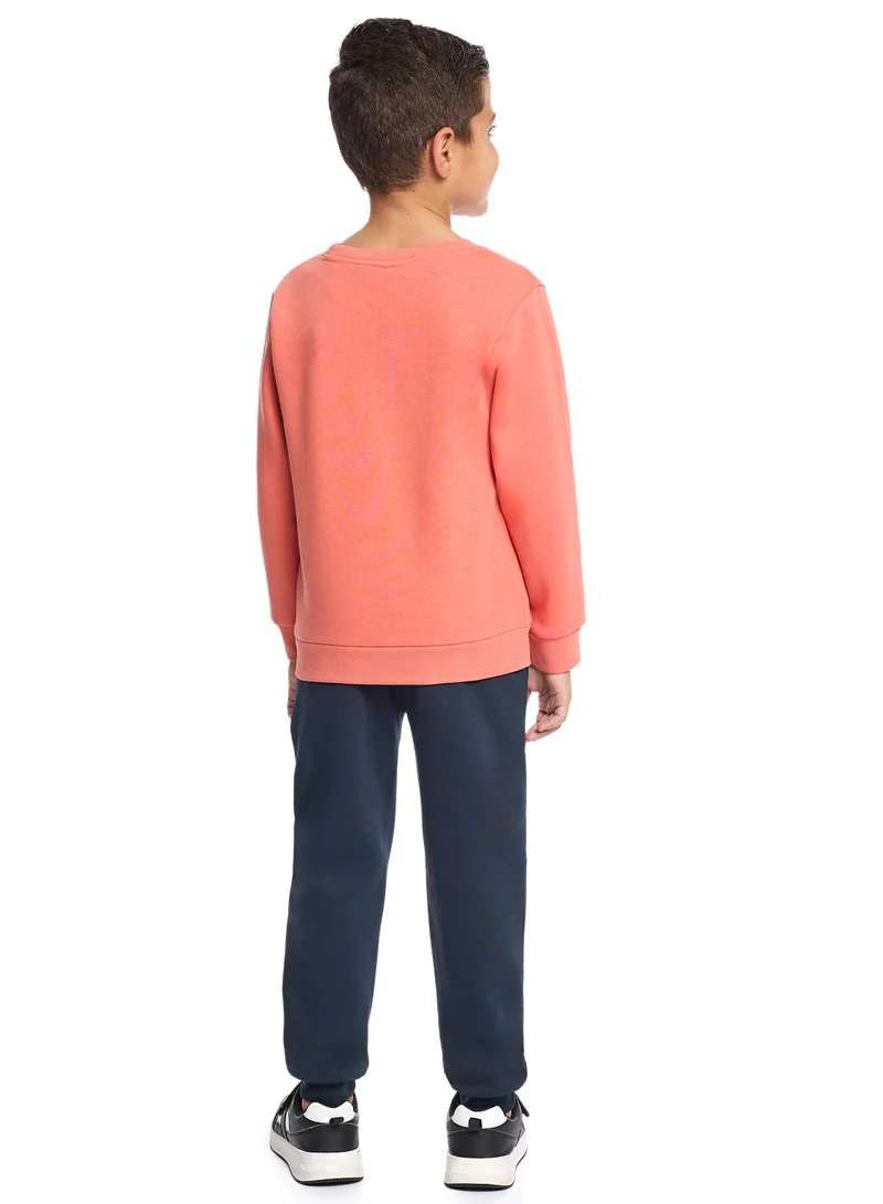 victor and jane Boys’ Warm Fleece Sweatshirt &amp; Jogger Set – “Live The Game” Design - Coral &amp; Navy