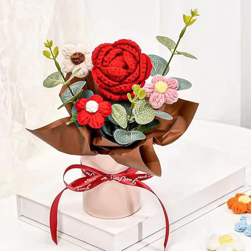 Ekhasa Nostrae by Ekhasa Red Rose Crochet Flowers Bouquet (Small Size) | Knitted Flowers For Gifting | Woolen Bouquet Perfect For Crochet Gifts | Handmade Bouquets Gift - Image 1
