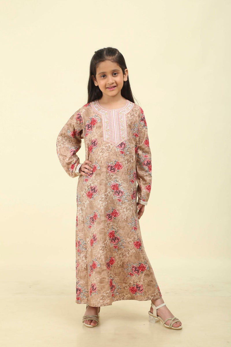 HANA & SARA Girls Arabic Floral Print Jalabiya – Modest Long Sleeve Ethnic Dress for Kids - Image 2