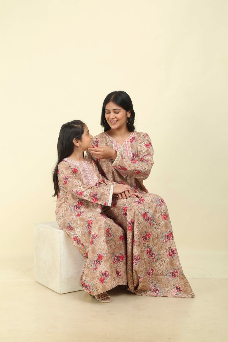 HANA & SARA Girls Arabic Floral Print Jalabiya – Modest Long Sleeve Ethnic Dress for Kids - Image 1