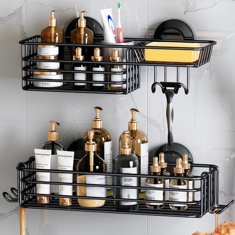 LEVERLOC Shower Caddy Suction Cup 2 Pack Shower Shelves for Inside Shower with Hooks  Soap Holder NODrilling Bathroom Shower Organizer Rustproof Meatl Shower Holder Storage Black