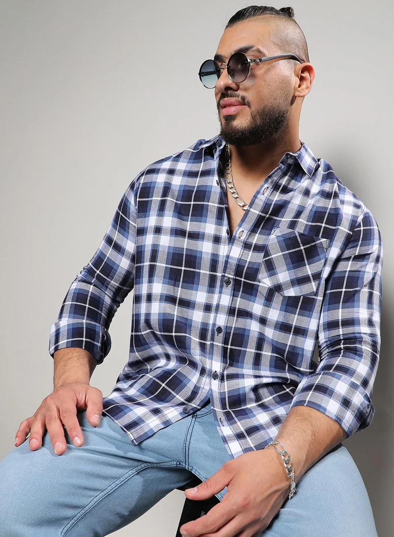 Instafab Plus Instafab Plus Men's Navy Blue Tartan Plaid Shirt For Casual Wear | Spread Collar | Long Sleeve | Button Closure | Shirt Crafted With Comfort Fit For Everyday Wear