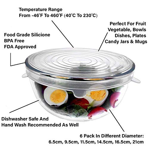 Suzec Silicone Stretch Lids Flexible Covers for Rectangle Round Square Containers (Pack of 6), Transparent (Silicon Lid) - Image 2