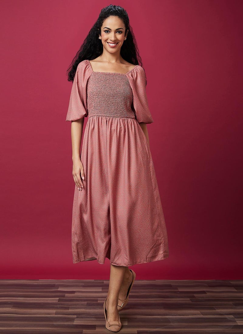 Globus Women's Dress Peach Casual with Square Neck and Puff Sleeves - Image 3