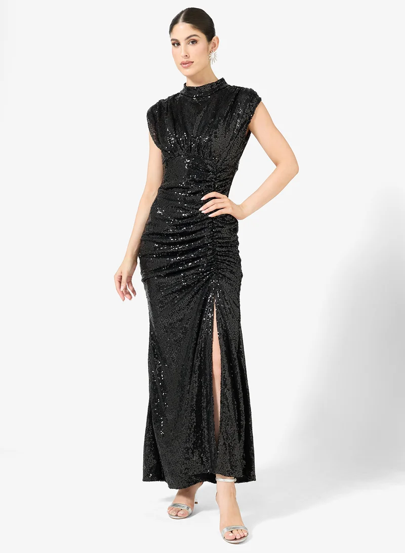 Shimmer Ruched Dress With Slit