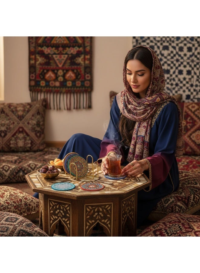 SYNSYB Absorbing Stone Mandala Coasters - Set of 9 with Holder, Cork Base, Ideal Gift for Friends and Home Decor - Image 3