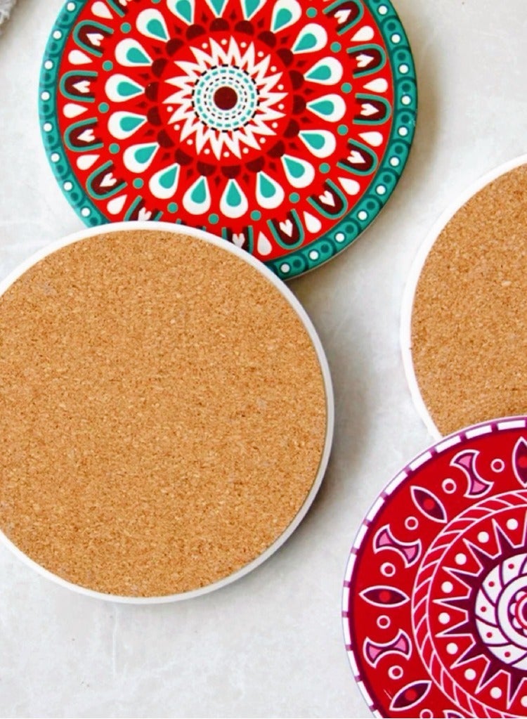 SYNSYB Absorbing Stone Mandala Coasters - Set of 9 with Holder, Cork Base, Ideal Gift for Friends and Home Decor - Image 5