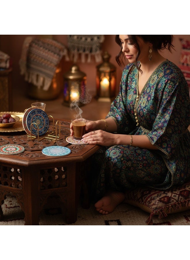 SYNSYB Absorbing Stone Mandala Coasters - Set of 9 with Holder, Cork Base, Ideal Gift for Friends and Home Decor - Image 2