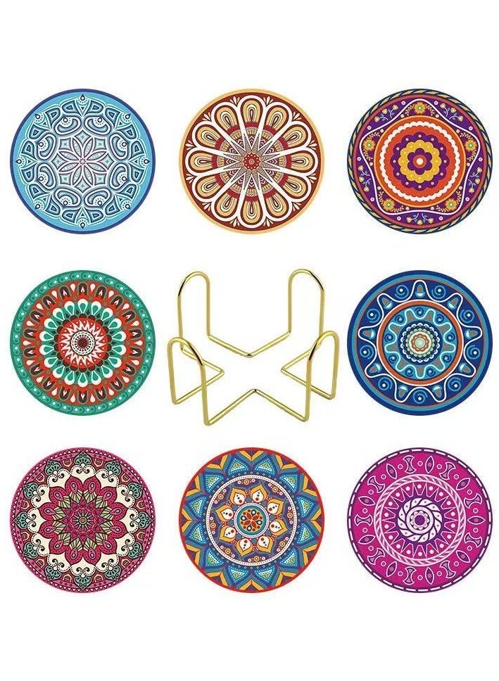 SYNSYB Absorbing Stone Mandala Coasters - Set of 9 with Holder, Cork Base, Ideal Gift for Friends and Home Decor - Image 1