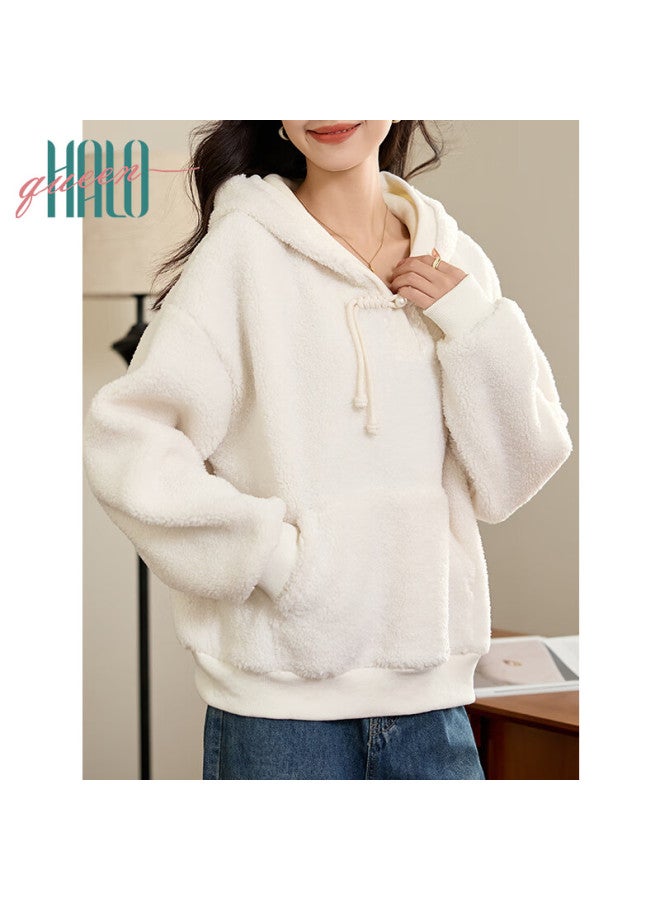 HALOQUEEN Halo Queen Women's Fleece-lined Hoodie New Chinese Style Faux Lamb Wool Warm Pullover Lazy Hooded Sweatshirt H144w2018 - Image 4
