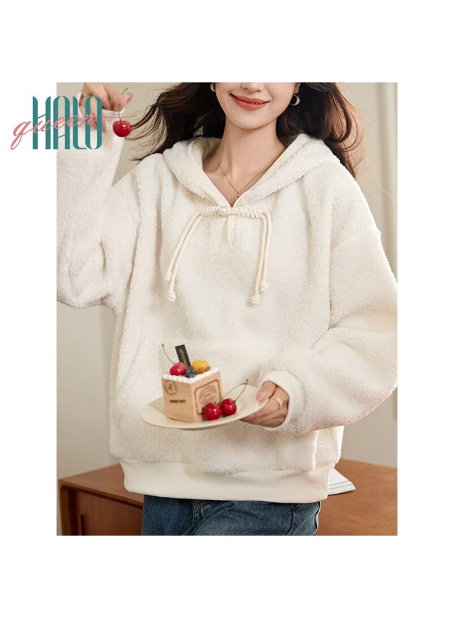 HALOQUEEN Halo Queen Women's Fleece-lined Hoodie New Chinese Style Faux Lamb Wool Warm Pullover Lazy Hooded Sweatshirt H144w2018 - Image 2