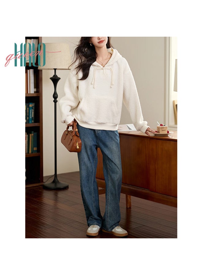 HALOQUEEN Halo Queen Women's Fleece-lined Hoodie New Chinese Style Faux Lamb Wool Warm Pullover Lazy Hooded Sweatshirt H144w2018 - Image 5