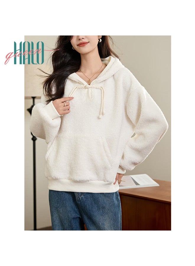 HALOQUEEN Halo Queen Women's Fleece-lined Hoodie New Chinese Style Faux Lamb Wool Warm Pullover Lazy Hooded Sweatshirt H144w2018 - Image 1