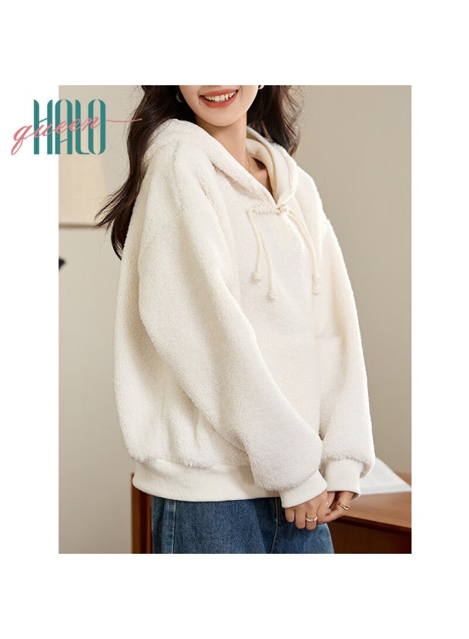 HALOQUEEN Halo Queen Women's Fleece-lined Hoodie New Chinese Style Faux Lamb Wool Warm Pullover Lazy Hooded Sweatshirt H144w2018 - Image 3