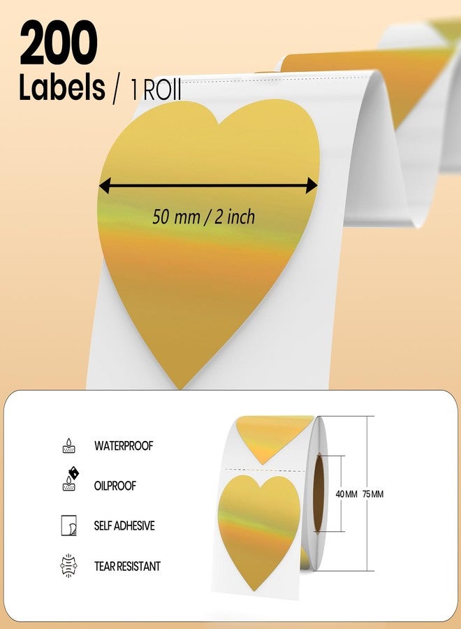 YIKIADA Gold Heart Thermal Labels Vinyl 2 Inch Self-Adhesive Holographic Printable Gift Stickers Roll Waterproof Decals for Decoration QR Code DIY Name Tag 200 PCS - Image 2