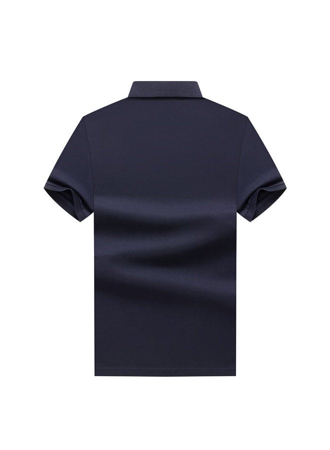 Limeng Cotton Pique Short-sleeve T-shirt For Men, Solid Color Polo Shirt, All-cotton Turndown Collar, Large Size T-shirt, Trendy, Navy Blue, Size 175 - Image 2