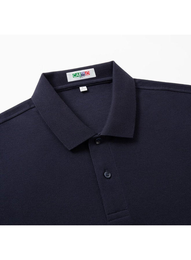 Limeng Cotton Pique Short-sleeve T-shirt For Men, Solid Color Polo Shirt, All-cotton Turndown Collar, Large Size T-shirt, Trendy, Navy Blue, Size 175 - Image 3