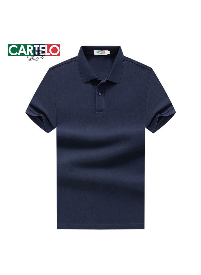 Limeng Cotton Pique Short-sleeve T-shirt For Men, Solid Color Polo Shirt, All-cotton Turndown Collar, Large Size T-shirt, Trendy, Navy Blue, Size 175 - Image 1