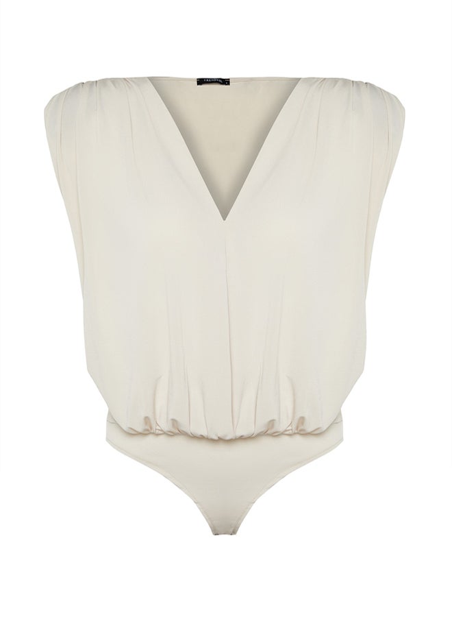 Stone Waist Double Breasted Neck Flexible Snaps Knitted Bodysuit