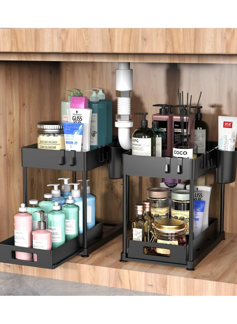  CityRiya-Long تحت منظم سلة مجلس الوزراء المنزلق ، عبوتين تحت منظمي الحوض مع كوب معلق واحد و 4 خطافات ، تخزين متعدد الأغراض سحب درج انزلاق ، تخزين تحت خزانة للمطبخ ، الحمام - Image 2