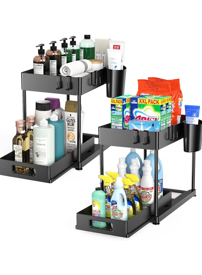  CityRiya-Long تحت منظم سلة مجلس الوزراء المنزلق ، عبوتين تحت منظمي الحوض مع كوب معلق واحد و 4 خطافات ، تخزين متعدد الأغراض سحب درج انزلاق ، تخزين تحت خزانة للمطبخ ، الحمام - Image 1