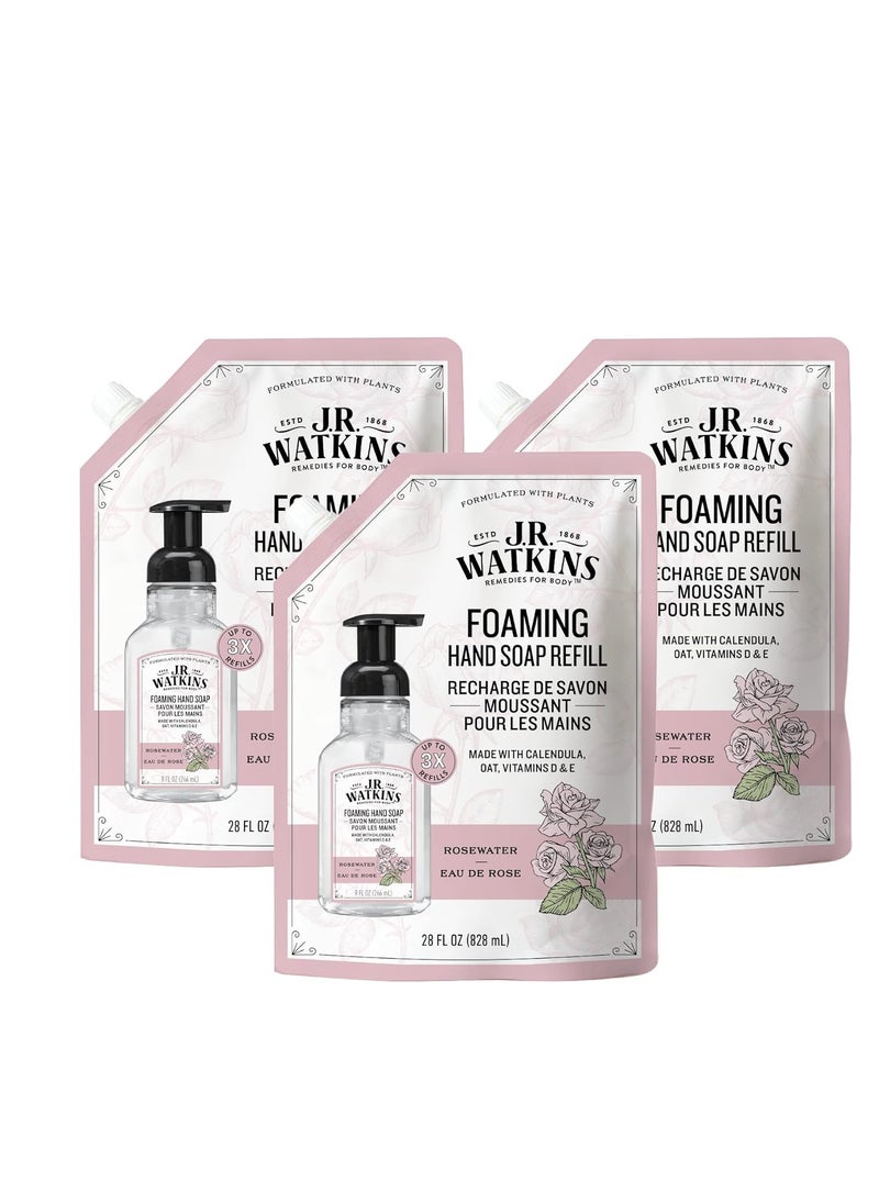 J.R.WATKINS J.R. Watkins Foaming Hand Soap Refills, All Natural, Alcohol-Free Hand Wash, Cruelty-Free, Moisturizing Soap Refill for Bathroom or Kitchen, Rosewater, 28 fl oz Foam Refill, 3 Pack  - Image 1