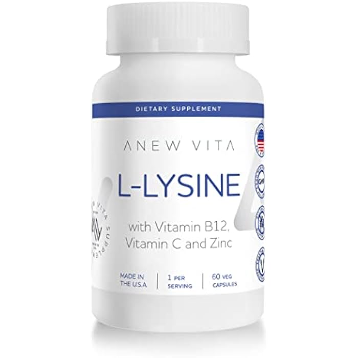ANEW VITA L-Lysine Supplement with Vitamin B12 + C + Zinc for Lip, Mouth, and Oral Tissue Health - Enhanced Wellness Support - Non-GMO, Gluten-Free - Made in USA - 60 Vegetable Capsules, 500mg - Image 1