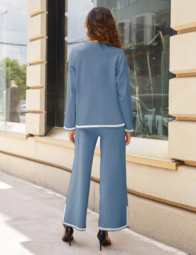 Tanming Women's 2 Piece Outfits Long Sleeve Knit Sweater Top Wide Leg Pants Lounge Sets Tracksuits (Blue, Large) - Image 4