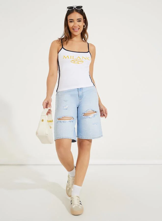 Styli Rib Fitted Milan Print Scoop Neck Cami