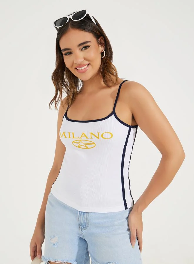 Styli Rib Fitted Milan Print Scoop Neck Cami