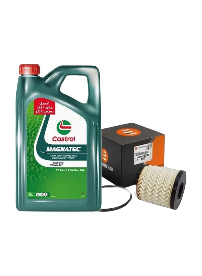 Castrol Magnatec 10W-40 Engine Oil (Fully Synthetic) 7000 Km to 10,000 Km - 5L & ENGINE OIL FILTER Peugeot 301 - 3008 - 5008 - 508 / Citroën C-Elysée - C5 - C4 / DS7 / Opel Grand Land / Mini Cooper R56 2006-2013  - Made In France Bundle - Image 1