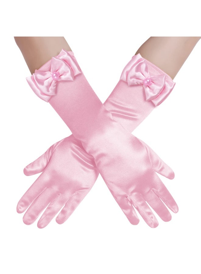 Pink Long Satin Princess Dress Up Gloves Decorated With Shiny Diamonds And Lovely Bows, Elegant Princess Costume Accessories Ideal For Birthday Parties Wedding Ceremonies And Themed Costume Events - Image 1