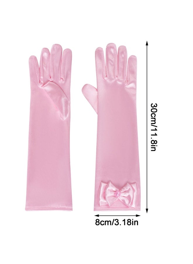 Pink Long Satin Princess Dress Up Gloves Decorated With Shiny Diamonds And Lovely Bows, Elegant Princess Costume Accessories Ideal For Birthday Parties Wedding Ceremonies And Themed Costume Events - Image 2