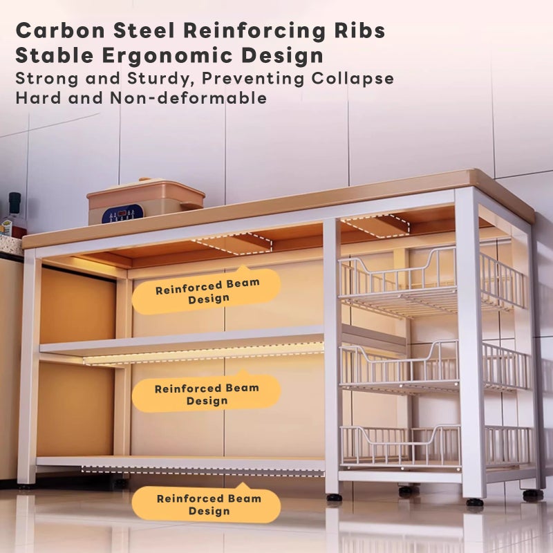 Sharpdo 120cm Kitchen Island Cart with Storage Shelves & Wire Baskets – Rolling Kitchen Organizer Rack - Image 4