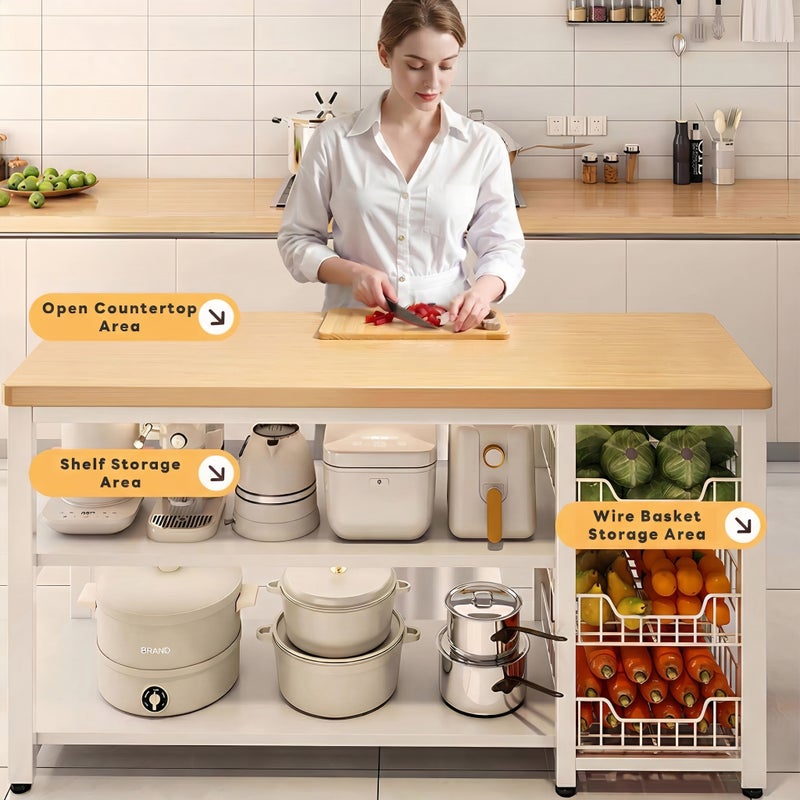 Sharpdo 120cm Kitchen Island Cart with Storage Shelves & Wire Baskets – Rolling Kitchen Organizer Rack - Image 3