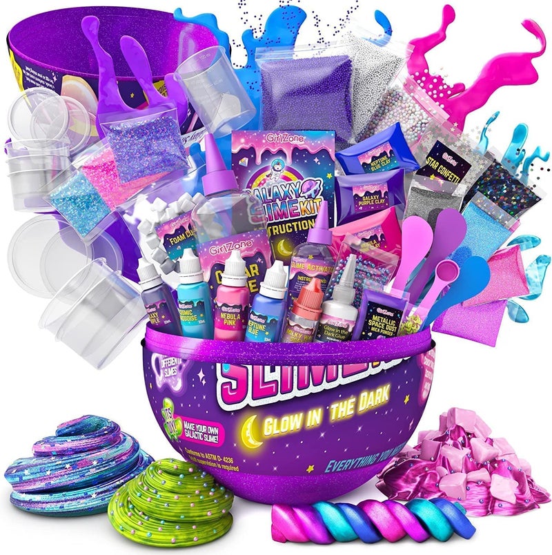 GirlZone Egg Surprise Galaxy Slime Kit for Girls, 39 Pieces to Make Glow in The Dark Slime, DIY Slime with Glitter, Fun Slime Kits for Girls 10-12 - Image 1