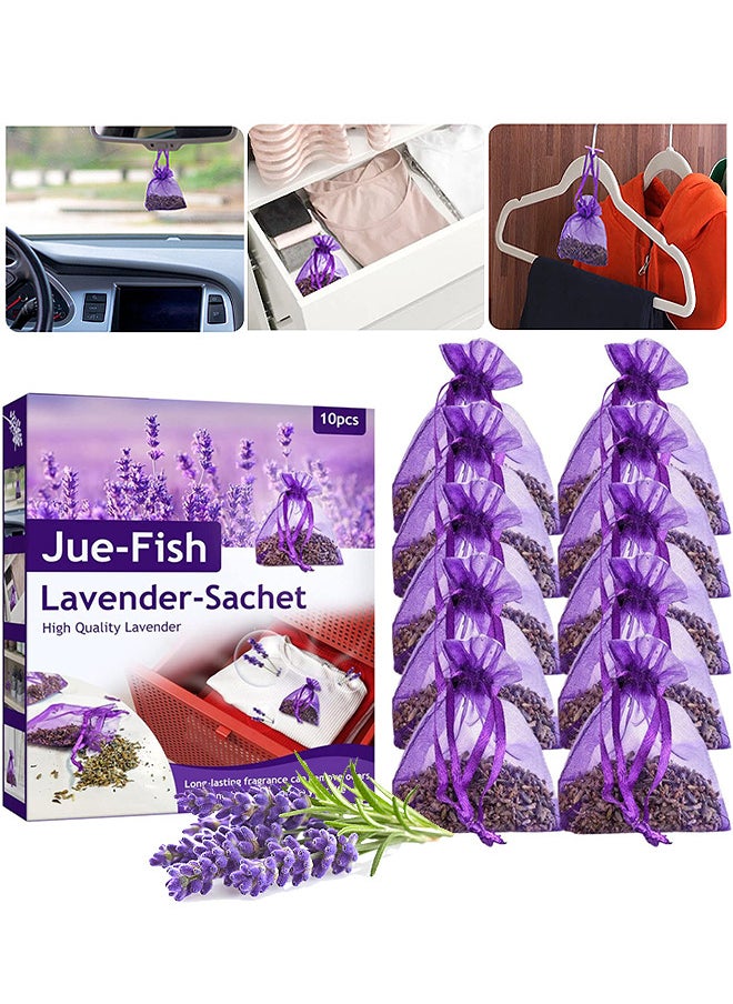 JUE-FISH 10PCS Lavender Sachets Bags, Freshen Your Laundry, Odor Eliminator For Cats And Dogs, Shoes And Gym Bags For Dryers, Closets, Drawers, Sweater Storage And Cars With Premium Dried Lavender Flowers  - Image 1