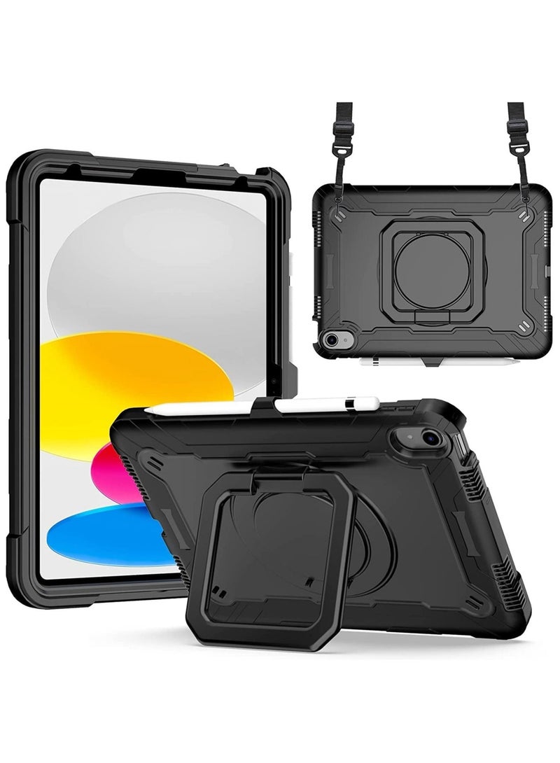 حافظة لجهاز iPad الجيل العاشر مقاس 10.9 بوصة 2022، حافظة متينة هجينة مقاومة للصدمات مع حامل دوار 360 درجة ومضادة للخدش وحافظة واقية متينة للأطفال مع حامل قلم وحزام كتف - Image 1