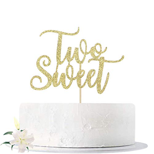 Festiko®Gold Glitter Two Sweet Cake Topper for Cute Baby Girl and Boy-2nd Second Birthday Cake Topper Decoration - Image 1