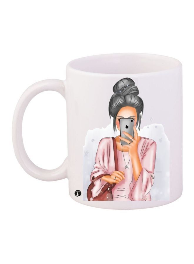 RKN Cartoon Girl Printed Coffee Mug White/Pink/Grey 11ounce - Image 1