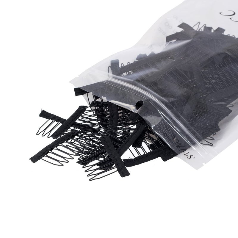 SWACC SWACC 100 Pcs Wig Combs for Making Wig Caps 7teeth Metal Snap Steel Teeth with Cloth to secure wig no sew Black 7Teeth Wip Comb 