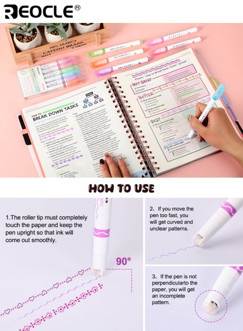 ريوكل 6 قطع أقلام بتصميم زهري بأطراف خطية دقيقة وأشكال منحنية - أدوات كتابة زخرفية بتدفق حبر سلس لتدوين الملاحظات واليوميات والدراسة - Image 4