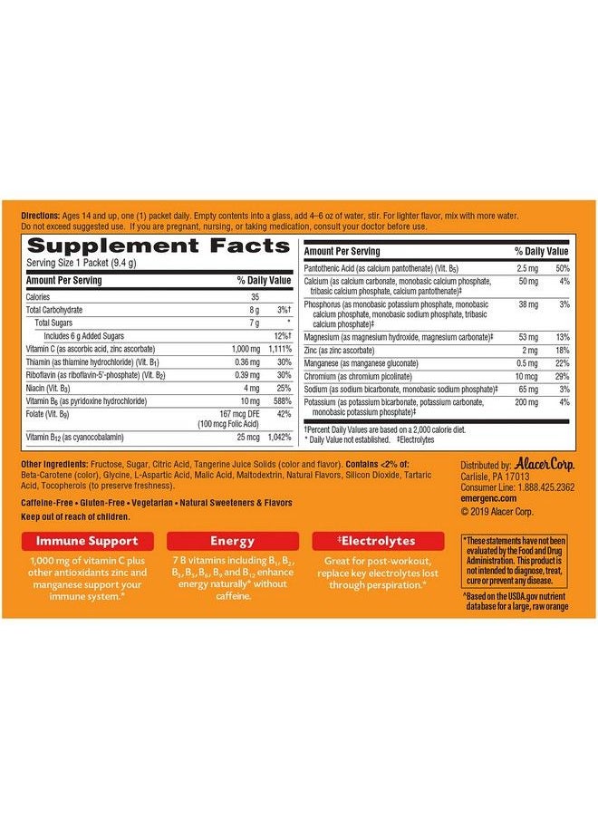 Emergen-C - 1000Mg Vitamin C Powder With Antioxidants B Vitamins And Electrolytes Vitamin C Supplements For Immune Support Caffeine Free Drink Mix Tangerine Flavor 60 Count/2 Month Supply - Image 1