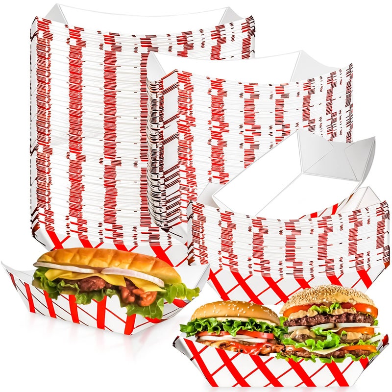 MotBach صواني طعام ورقية قابلة للتصرف 100 حزمة 3 رطل من موت باخ، صواني كرافت مقاومة للدهون مزخرفة، سلة تقديم طعام لمهرجان، سلة لأخذ الطعام للوجبات الخفيفة، البطاطس المقلية، الناتشوز، الفشار، الهوت دوغ، حفلات الزفاف، الحفلات، النزهات
